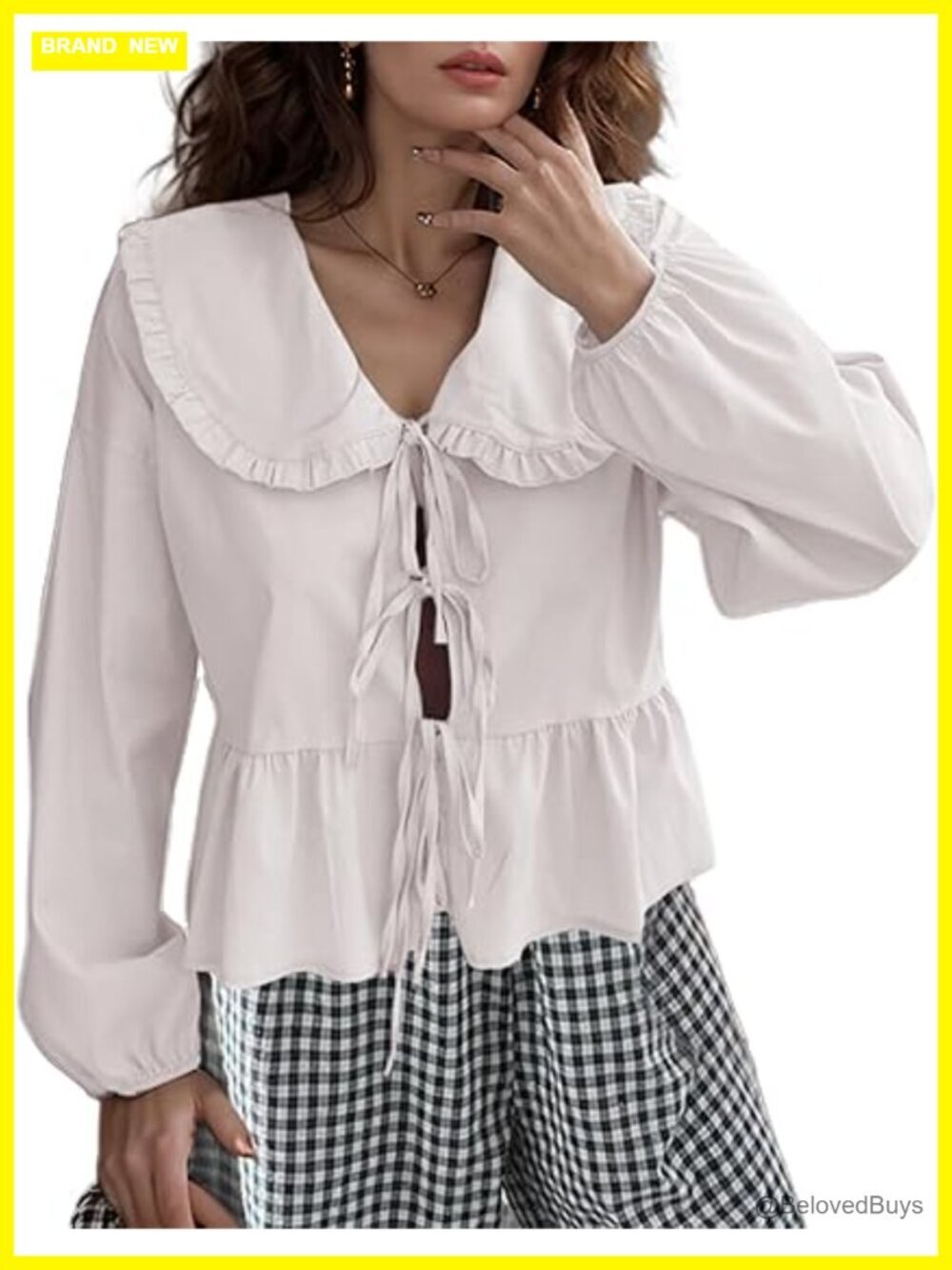 Lapel Doll Collar Blouse Puff Sleeve Tie Front Peplum Tops Cute Babydoll Shirts